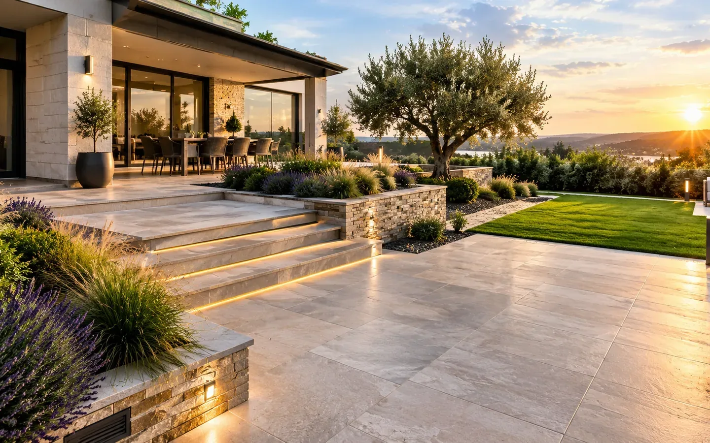 Allée pavée devant une maison contemporaine